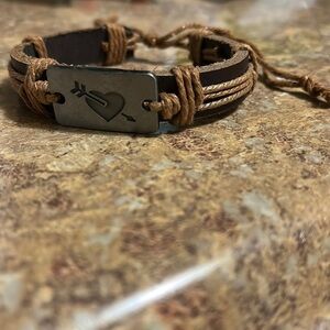 Adjustable Brown Leather Brown Cord Bracelet with heart and arrow design